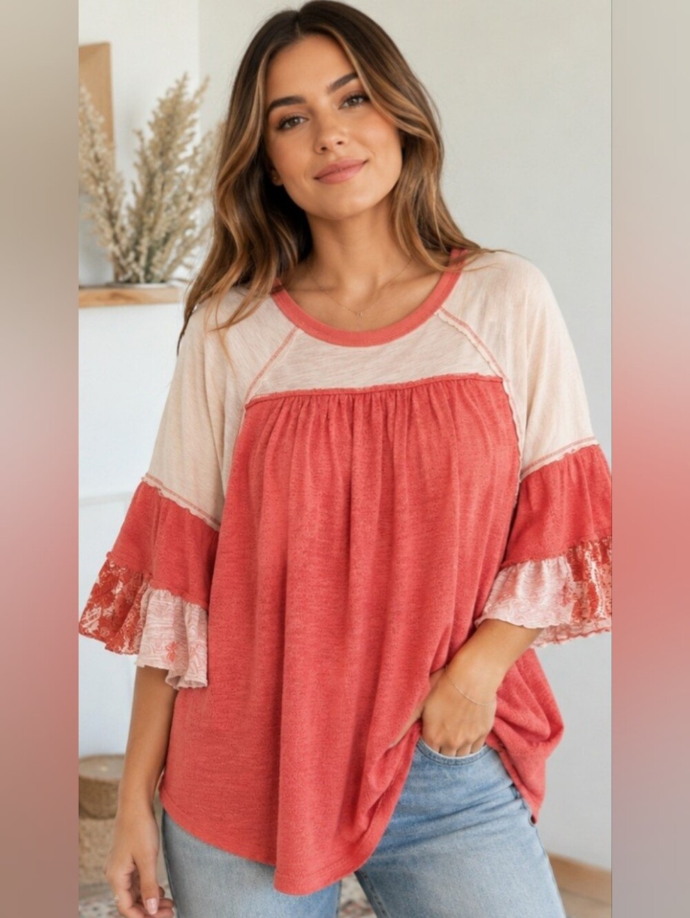 We The Free Free People Coral Cream Boho Ruffle Bell Sleeve Flowy Top XS